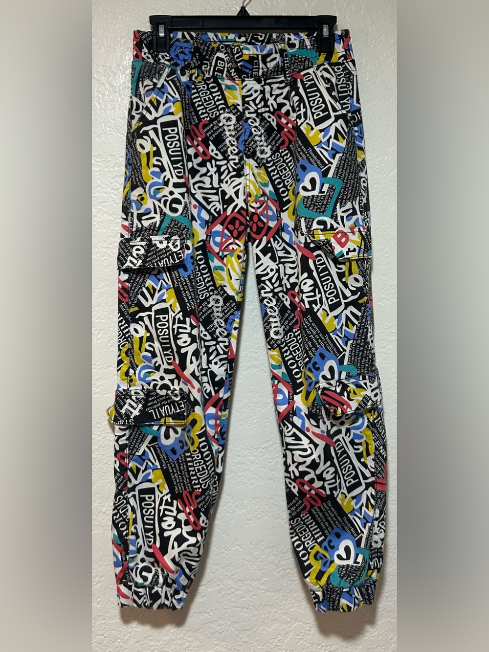 V.I.P. Black Multi-Color Graffiti Cargo Jogger Trousers